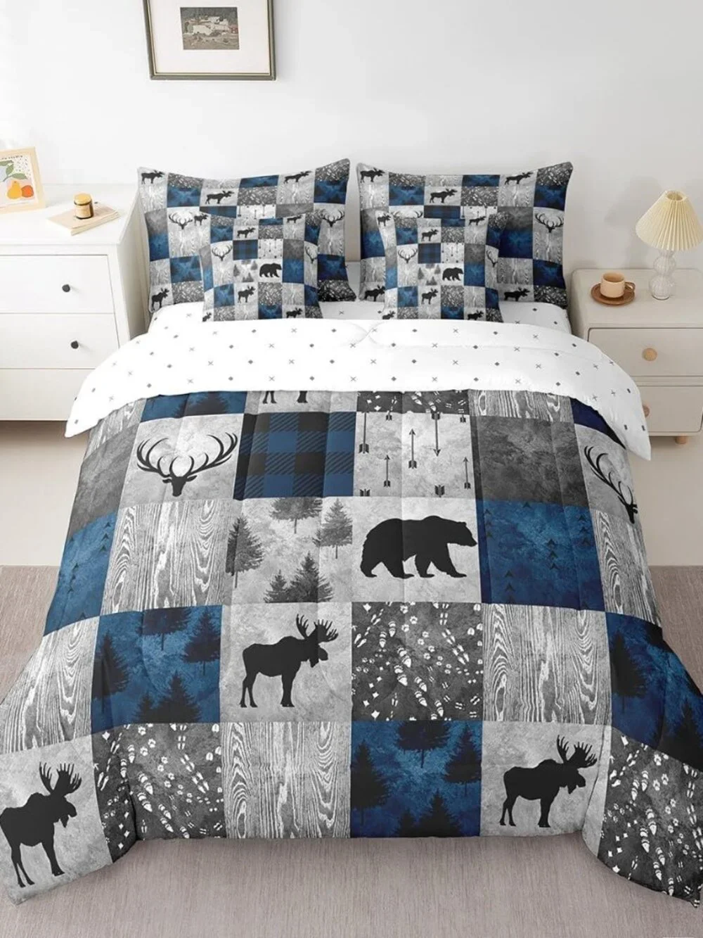 7 Pcs Hunting Animal Comforter Set Queen Size,Rustic Bear Deer Bed in a Bag with